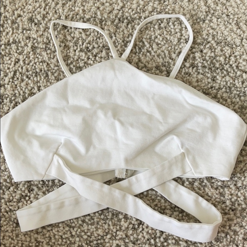White crop cross front zip back top